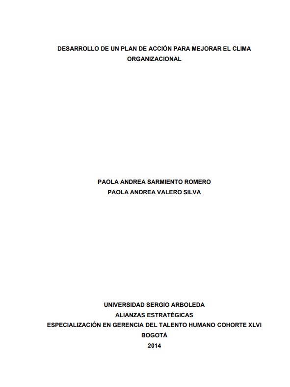 Portada de Desarrollo de un plan de acción para mejorar el clima organizacional