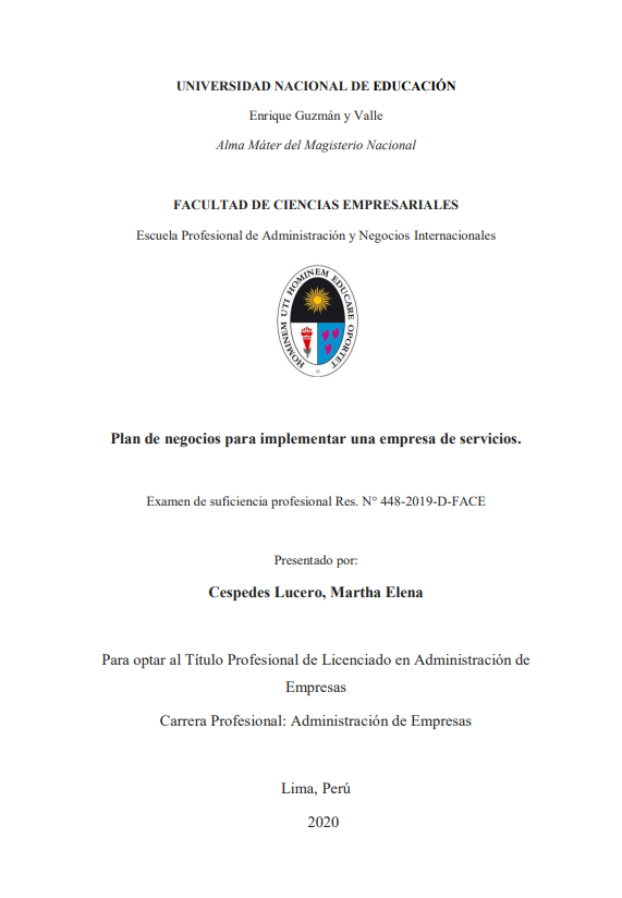 Portada de Plan de negocios para implementar una empresa de servicios,